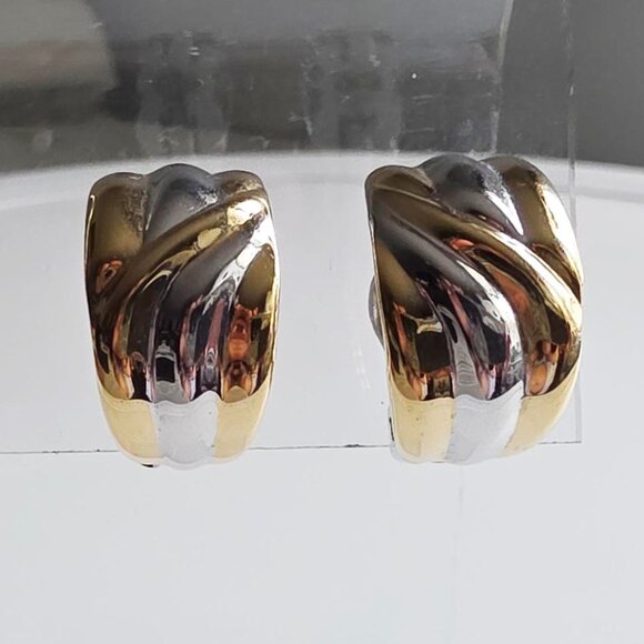 Vintage Two-Toned Clip-On Earrings - Picture 1 of 9